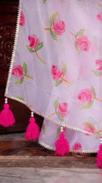 Pink Rose Flower Print Organza Saree with Tafetta Blouse