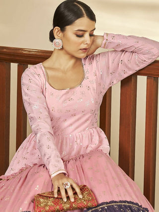 Pink Georgette Embellished with Metalic Foil Work Party Wear Gown