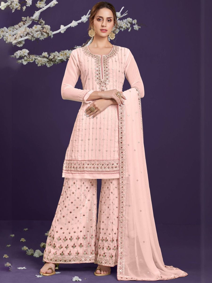 Pink Georgette Embellished with Thread & Sequins Embroidered Sharara Set with Dupatta