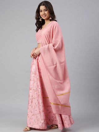 Pink Poly Silk Gold Print Lehenga Choli Set with Muslin Dupatta