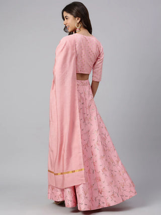 Pink Poly Silk Gold Print Lehenga Choli Set with Muslin Dupatta