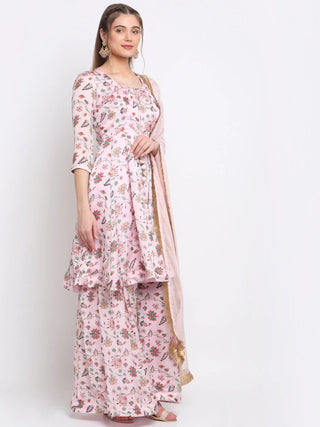 Poly Satin Pink Floral Print Anarkali Suit Set with Dupatta