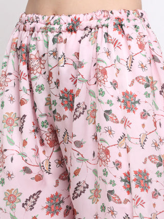 Poly Satin Pink Floral Print Anarkali Suit Set with Dupatta