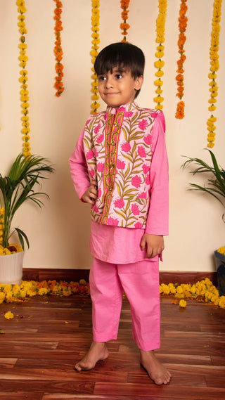 Cotton Solid Pink Kurta Pant Set with Cotton Printed Nehru Jacket