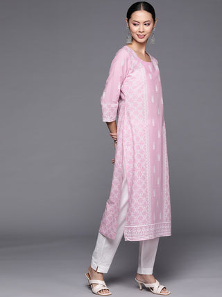 Cotton Pink & White Motif Print Kurta