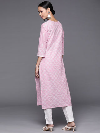 Cotton Pink & White Motif Print Kurta