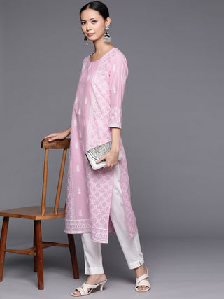 Cotton Pink & White Motif Print Kurta