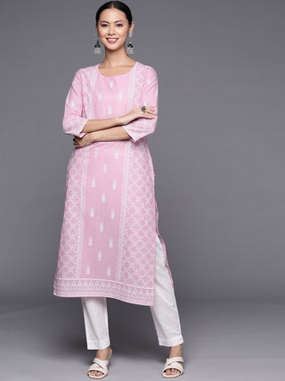 Cotton Pink & White Motif Print Kurta