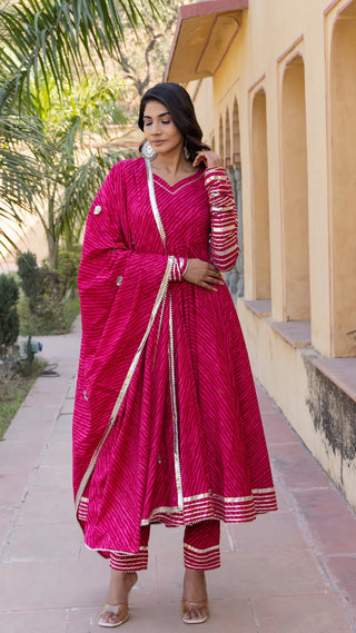 Cotton Pink Leheriya Print Anarkali Set with Dupatta