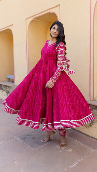 Cotton Pink Leheriya Print Anarkali Set with Dupatta