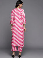Pink & White Cotton Blend Leheriya Print & Gota Patti Detailing Kurta Trouser Set