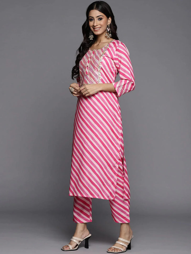 Pink & White Cotton Blend Leheriya Print & Gota Patti Detailing Kurta Trouser Set