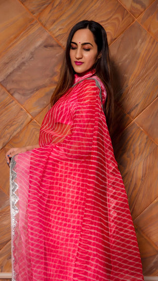 Pink Lehriya Print Organza Saree with Desiner Blouse
