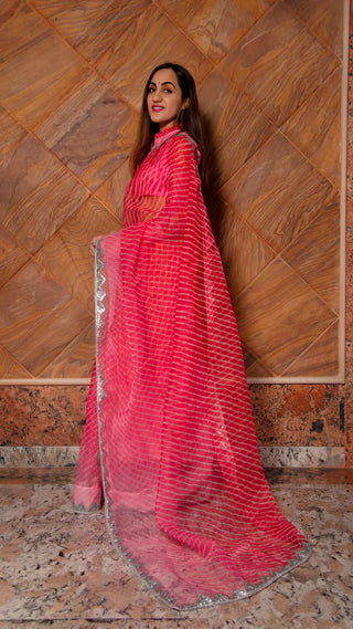 Pink Lehriya Print Organza Saree with Desiner Blouse