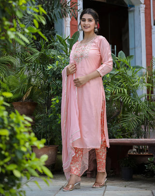Pink Modal Silk Zari Embroidered & Mirror Detailing Suit Set with Dupatta