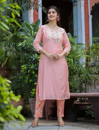 Pink Modal Silk Zari Embroidered & Mirror Detailing Suit Set with Dupatta