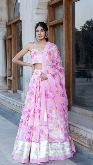 Pink Muslin Printed Lehenga Set with Chiffon Dupatta