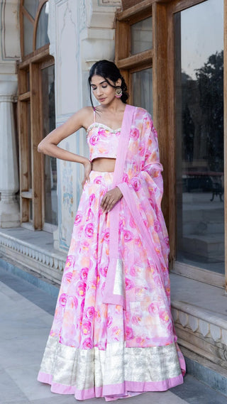 Pink Muslin Printed Lehenga Set with Chiffon Dupatta