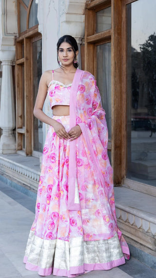 Pink Muslin Printed Lehenga Set with Chiffon Dupatta