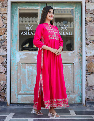 Rayon Pink Printed Nyraa cut Ethnic Dress
