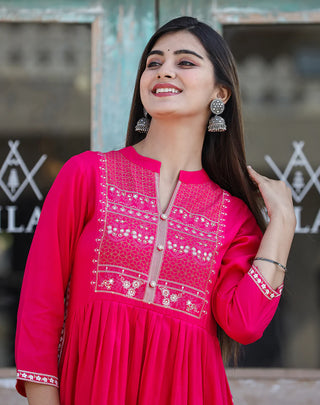 Rayon Pink Printed Nyraa cut Ethnic Dress