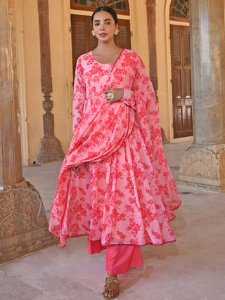 Pink Georgette Floral Print Anarkali Kurta with Mul Cotton Palazzo Pants and Georgette Dupatta