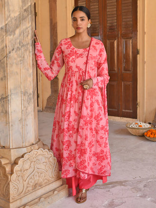 Pink Georgette Floral Print Anarkali Kurta with Mul Cotton Palazzo Pants and Georgette Dupatta