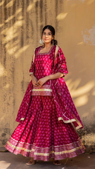 Pink Cotton Print & Lace Detailing Sharara Set with Dupatta