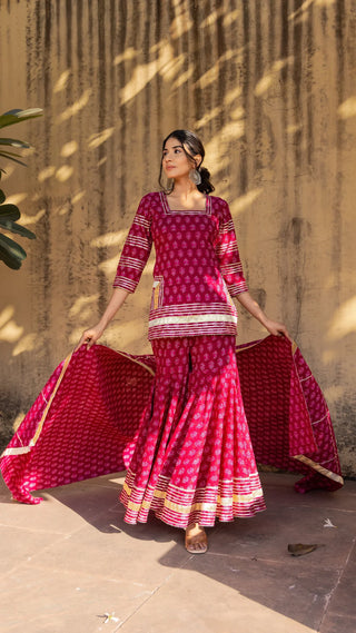 Pink Cotton Print & Lace Detailing Sharara Set with Dupatta