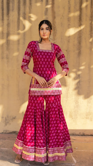 Pink Cotton Print & Lace Detailing Sharara Set with Dupatta