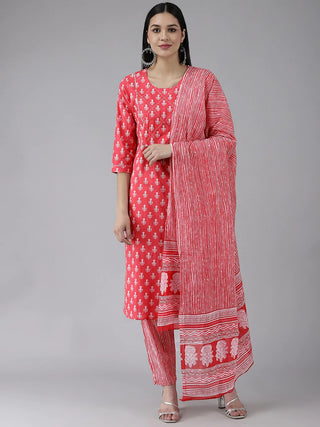 Coral Pink Cotton Printed Suit Set with Voile Bottom