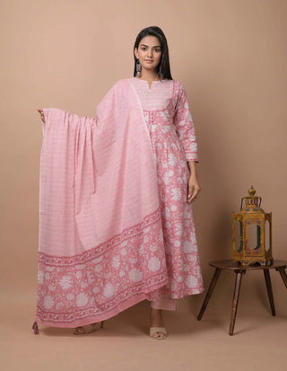 Cotton Pink Printed Anarkali Style Suit Set with Dupatta