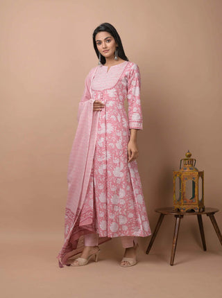 Cotton Pink Printed Anarkali Style Suit Set with Dupatta