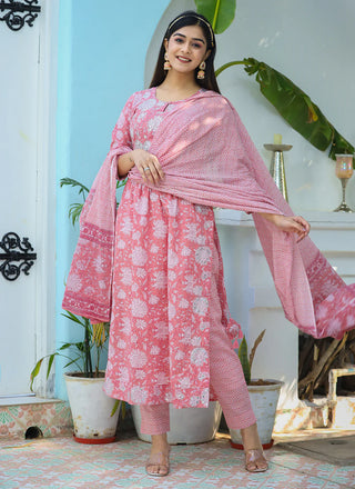 Cotton Pink Floral Print Nyraa cut Suit Set with Dupatta
