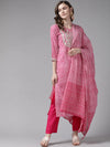 Pink Rayon Leheriya Print Suit Set with Voile Dupatta
