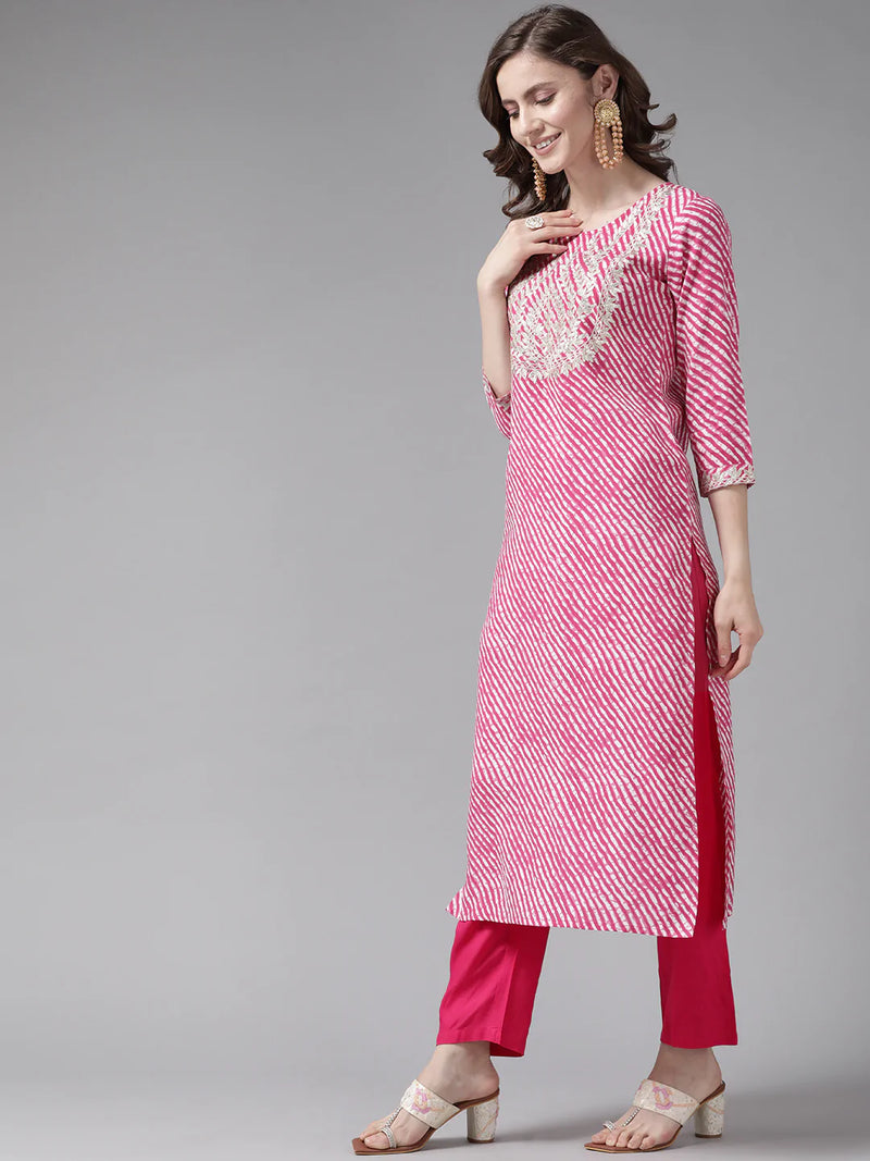 Pink Rayon Leheriya Print Suit Set with Voile Dupatta