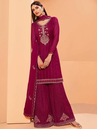 Pink Georgette Embroidery, Thread & Sequins Detailing Sharara Set with Dupatta