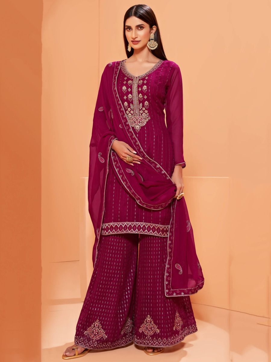 Pink Georgette Embroidery, Thread & Sequins Detailing Sharara Set with Dupatta