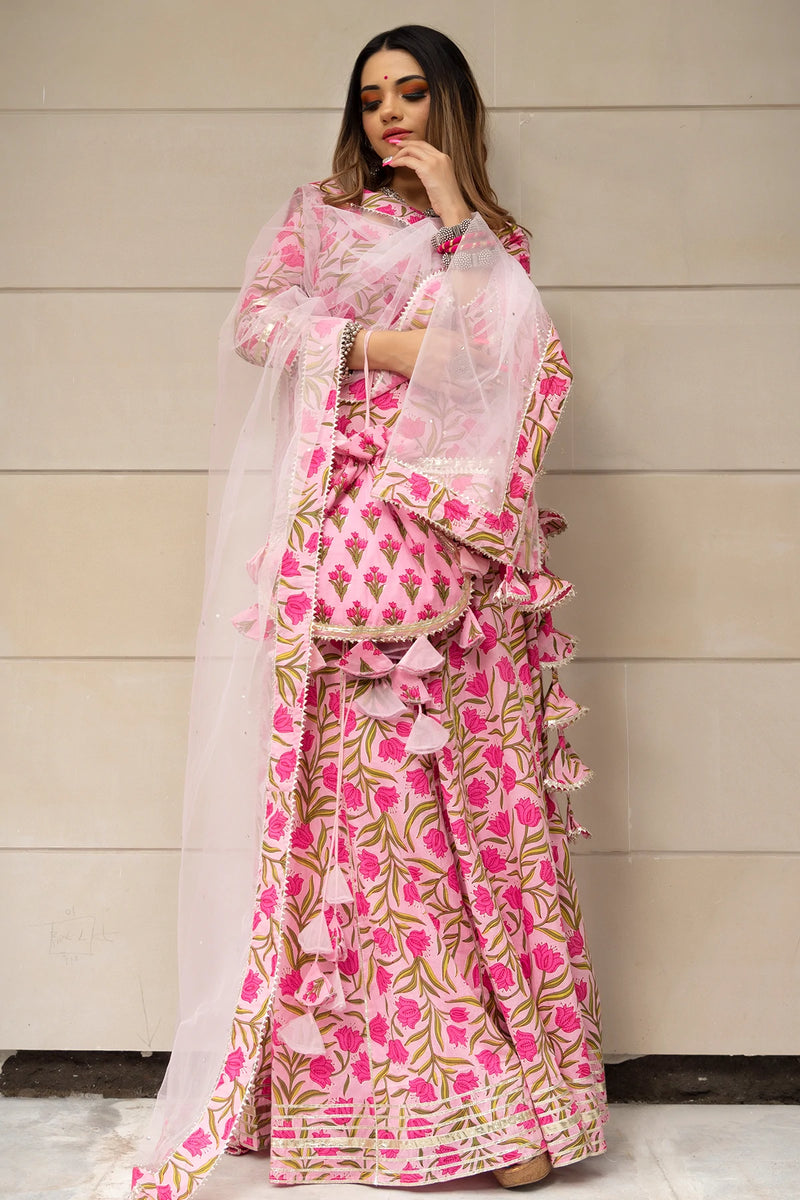 Cotton Pink Block Print Sharara Set - Ria Fashions