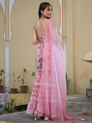 Pink & White Cotton Printed & Gota Detailing Sharara Set with Hand Painted Organza Dupatta