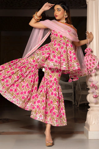 Cotton Pink Floral Print Sharara Set | Indian Ethnic wear online USA ...