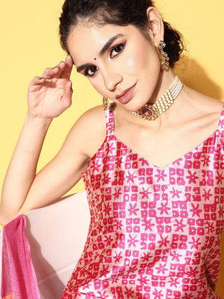 Pink Silk Foil Print Shoulder Strap Suit Set with Organza Dupatta