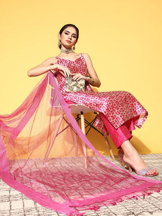 Pink Silk Foil Print Shoulder Strap Suit Set with Organza Dupatta