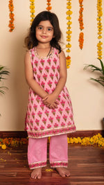 Pink Cotton Floral Print Suit Set with Soft Net Duptta