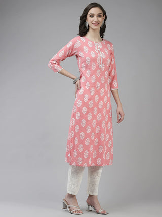 Cotton Pink & White Motif Print Suit Set with Dupatta