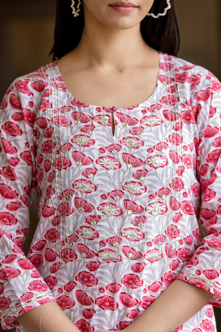 Cotton Pink Hand block Print Suit Set with Dupatta