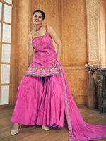 Pink Chinon Silk Embroidery & Printed Palazzo Suit Set with Chiffon Dupatta - Ria Fashions