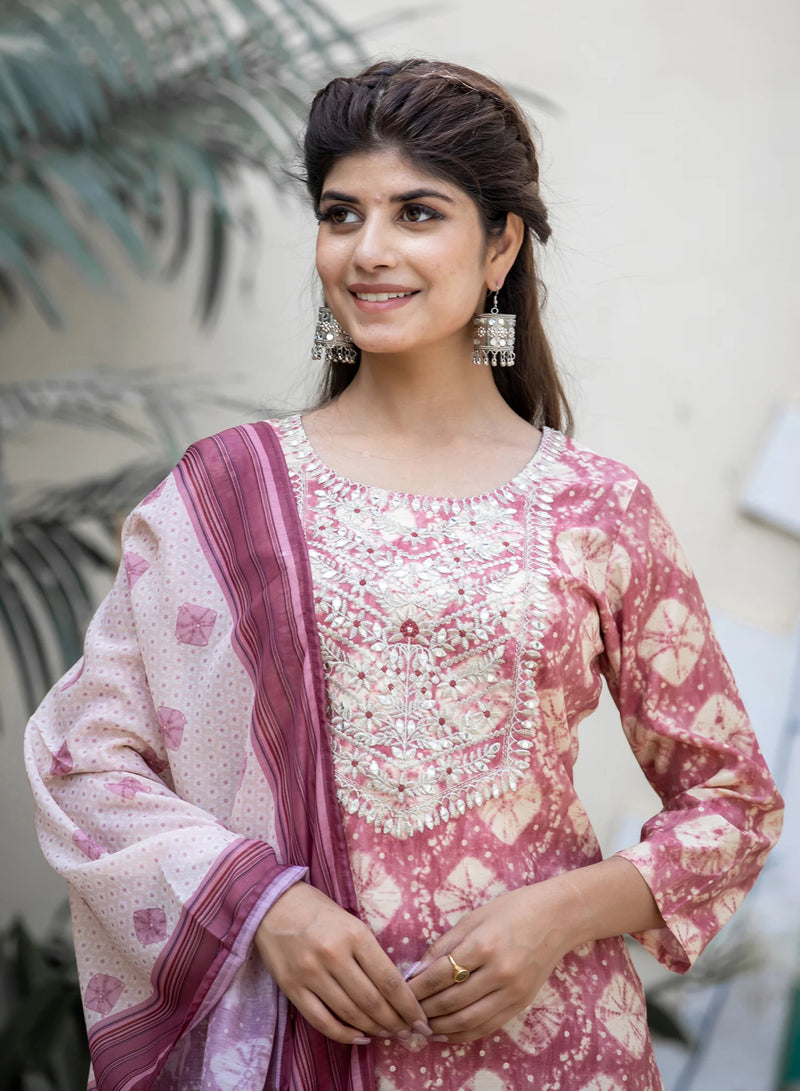 Pink Modal Silk Printed & Embroidered Suit Set with Dupatta