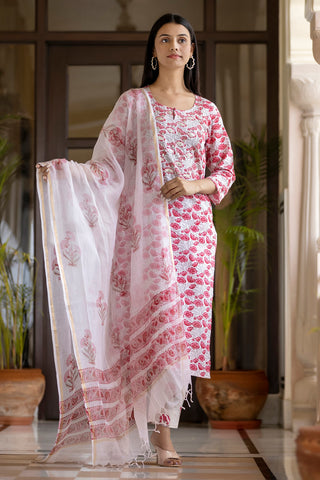 Cotton Pink Hand block Print Suit Set with Dupatta