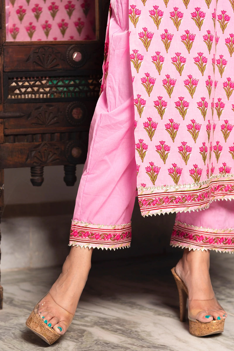 Cotton Pink Hand Block Print Suit Set - Ria Fashions